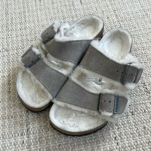 Grey suede shearling Arizona Birkenstocks, size 38.